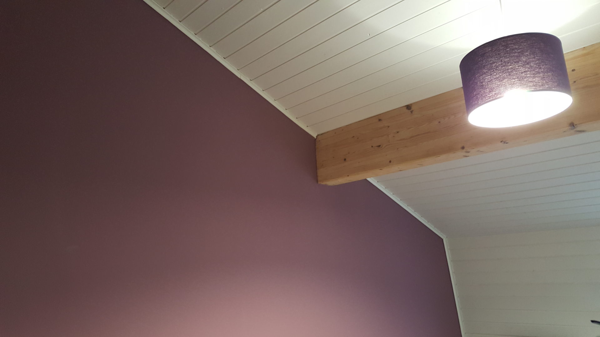 Chambre peinte en prune sous un plafond lambrissé blanc, avec suspension allumée