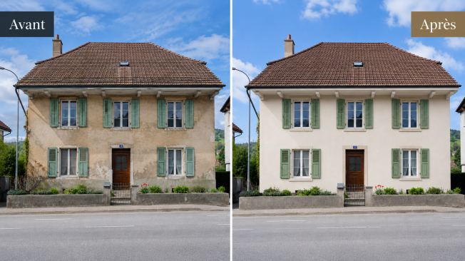Maison villageoise à volets verts photographiée avant et après ravalement de façade