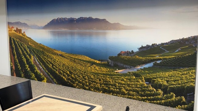 Panorama des vignobles de Lavaux et du lac Léman imprimé en papier peint photo sur un mur de séjour